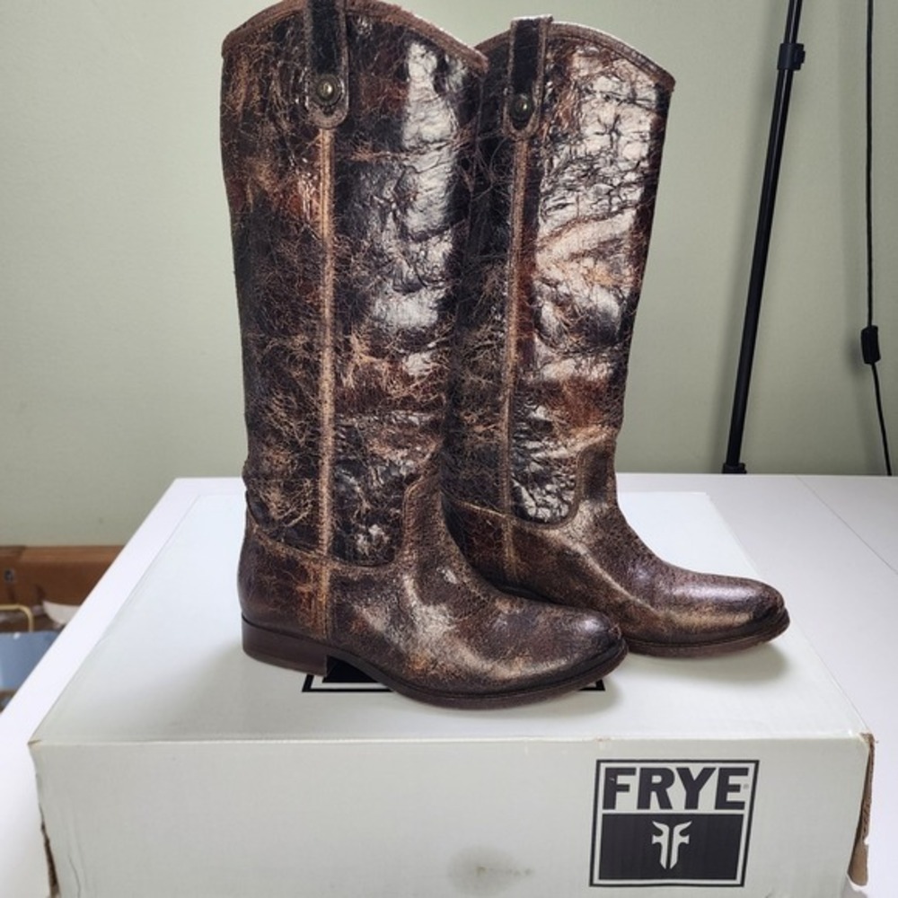 Frye Melissa Button Riding Boots Chocolate Glaze Size 8.5 Distressed Leather